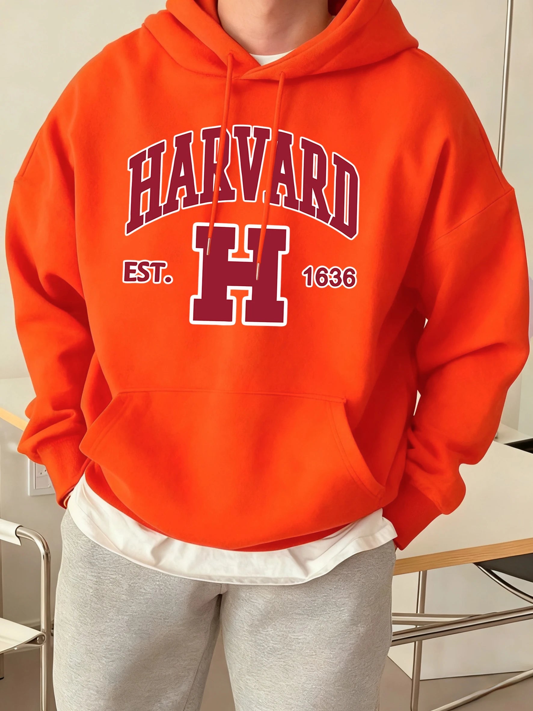 Harvard Est. 1636 Printed Sport Casual Hoody Men Street Fleece Sweatshirts Comfortable Loose Clothes Vintage Pocket Sportswears