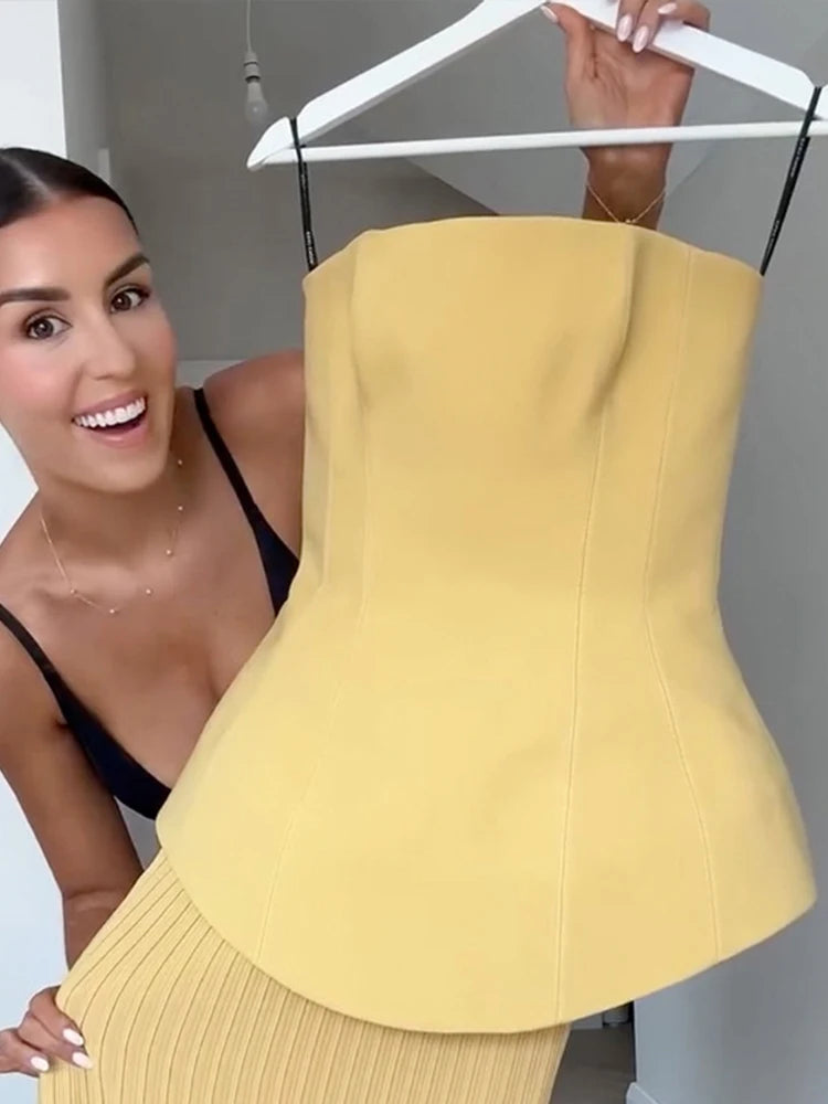 Waist Cinching Strapless Top Pleated Skirt Woman‘s Sets High Waist Sleeveless Solid Color Tops Slim Pleated Long Skirts Elegant